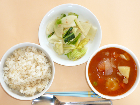 トマトシチューとサラダと胚芽米ごはん