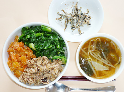 三色丼と玉葱等の味噌汁