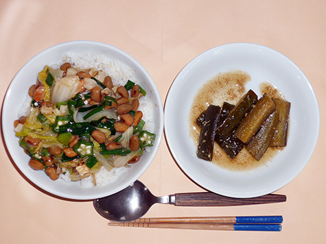 ネバネバ丼ときゅうりの中華炒め