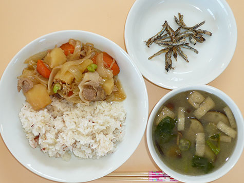 肉じゃがと梅ごはんと納豆汁