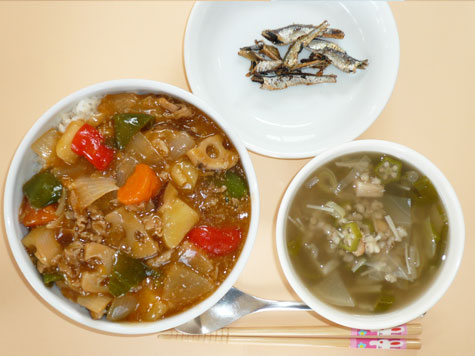 酢豚風丼ともち麦・豆のスープ