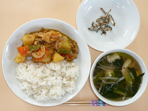 カレー肉じゃがとほうれん草・もやしのすまし汁ともち麦ごはん