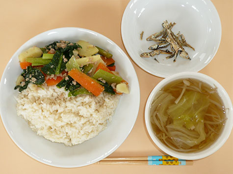 青菜のにんにく炒めと春キャベツ・もやしのスープとごはん