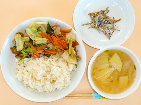 野菜炒めと玉葱の味噌汁とごはん