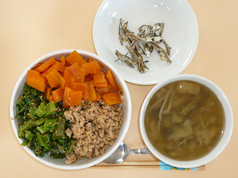 三色丼と茄子・揚げの味噌汁