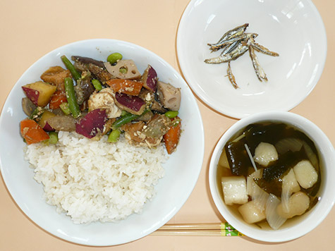 厚揚げと根菜の味噌炒めとわかめ・麩のすまし汁とごはん