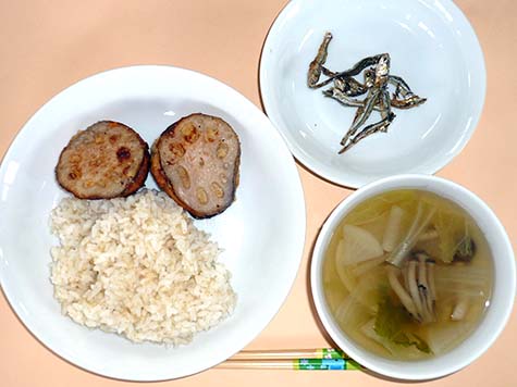 蓮根の挟み焼きとすまし汁