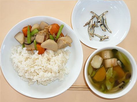 高野豆腐と切り干し大根の煮物とかぼちゃ・麩の味噌汁とごはん