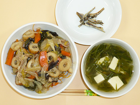 皿うどんと豆腐・水菜のスープ