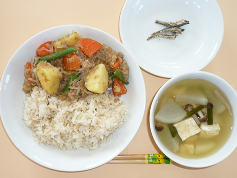 カレー肉じゃがと春大根・ニラの味噌汁とごはん