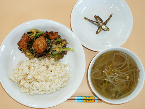 厚揚げの炒め物とえのき・もやしの味噌汁とごはん