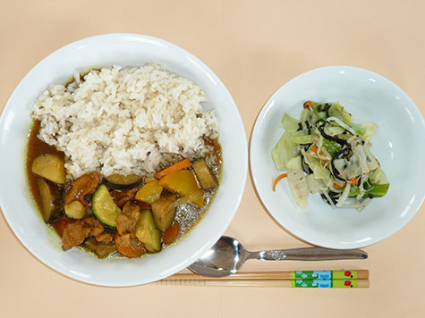 夏野菜のカレーとキャベツサラダ