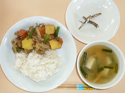 カレー肉じゃがとえのき・ニラの味噌汁とごはん