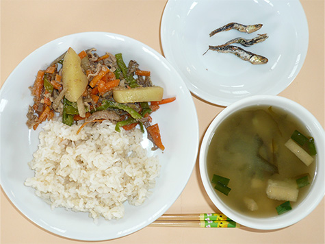 きんぴら風炒めと揚げ茄子の味噌汁とごはん
