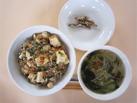 麻婆丼とニラ・もやしのスープ