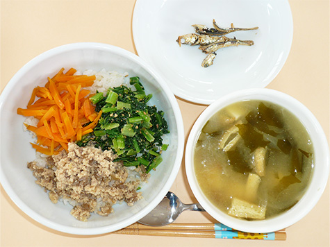 三色丼と豆腐・玉葱の味噌汁