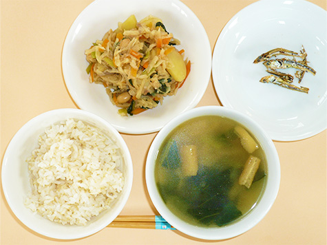 切干し大根の煮物と春ごぼう・小松菜の味噌汁とごはん