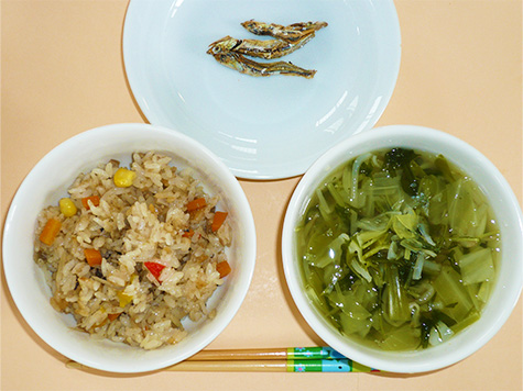 中華おこわと春キャベツ・もやしのスープ