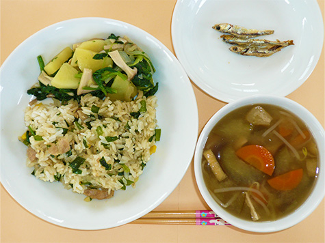 ポークガーリックライスとほうれん草ソテーと茄子・玉葱の味噌汁