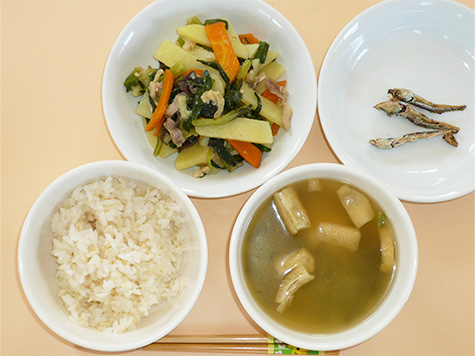 青梗菜のにんにく炒めとわかめ・揚げの味噌汁とごはん