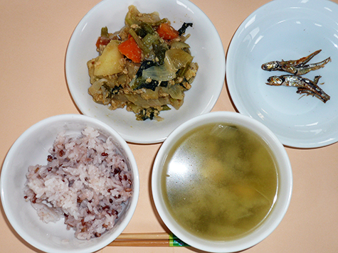 カレー肉じゃがとわかめ・玉葱の味噌汁とごはん