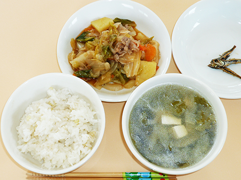 ポークチャップと春ごぼう・新玉葱の味噌汁と麦ごはん