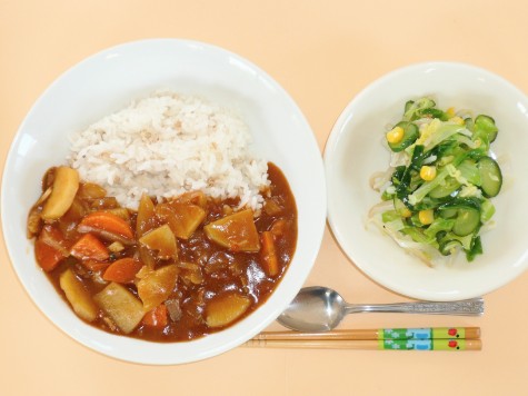 ハヤシライスとキャベツ・コーンのサラダ